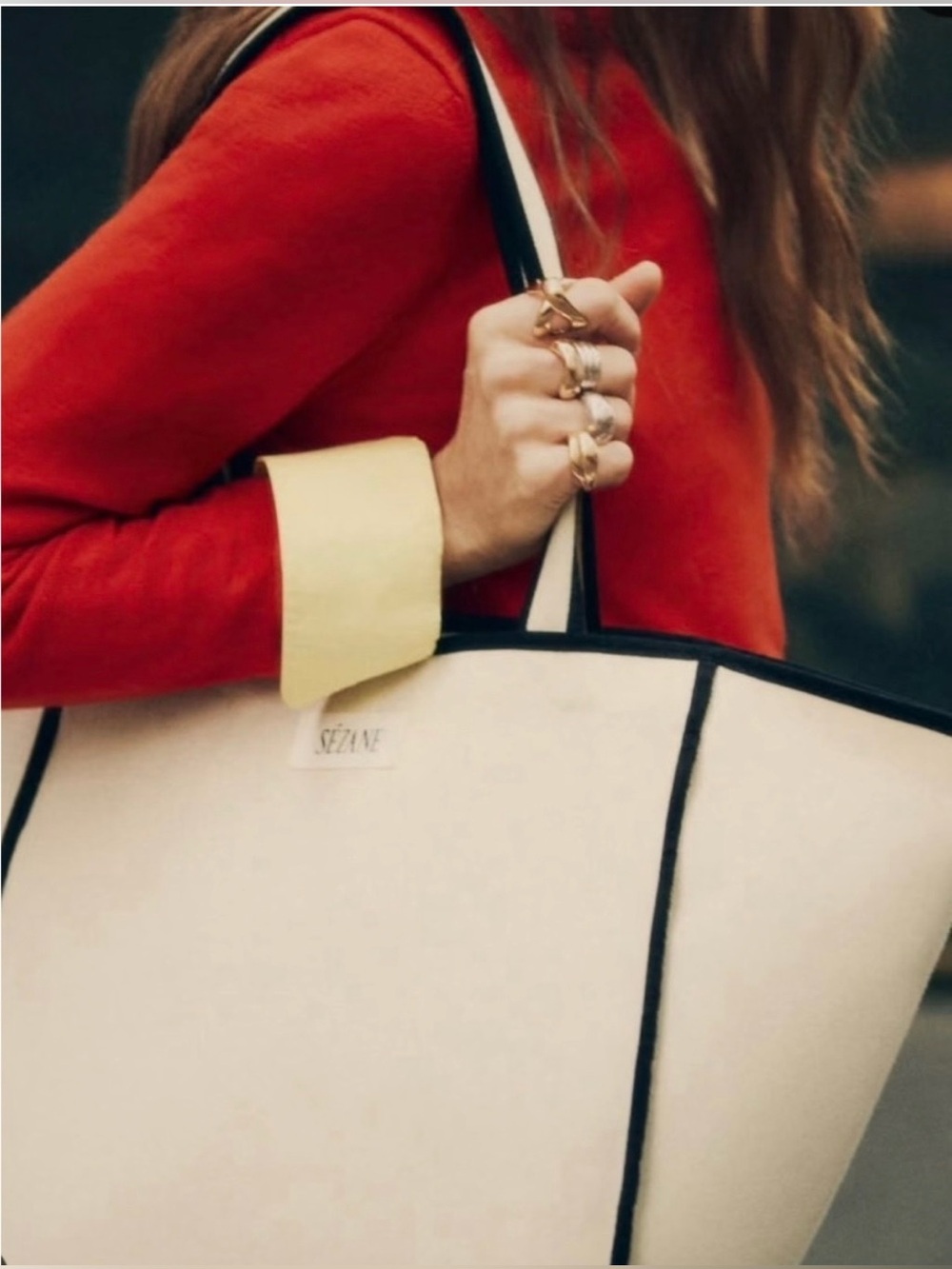 Sézane Ivory Tote Bag with Black Trim